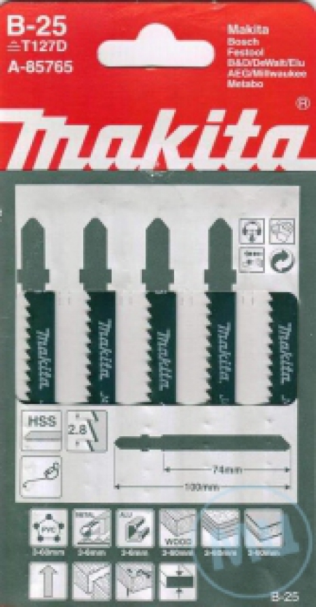 Пилки для лобзика MAKITA"В-25".(74 мм, твердый пластик, сталь 3-6 мм, ДСП) 5 шт